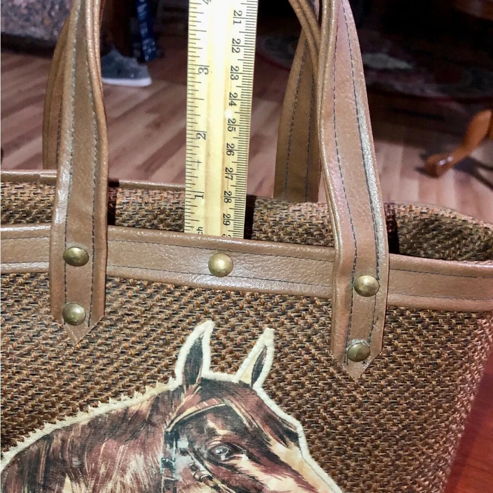 Woven vintage hardbody Brown bucket Tote Bag with Horse Motif